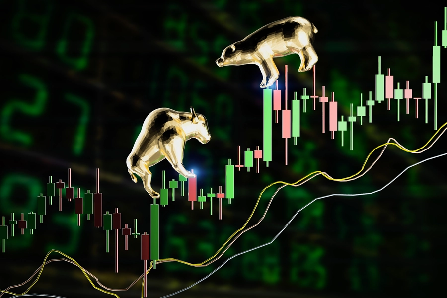 A golden bull and bear stand on a digital stock market chart with green and red candlesticks, symbolizing market trends and volatility amid a green numeric background.